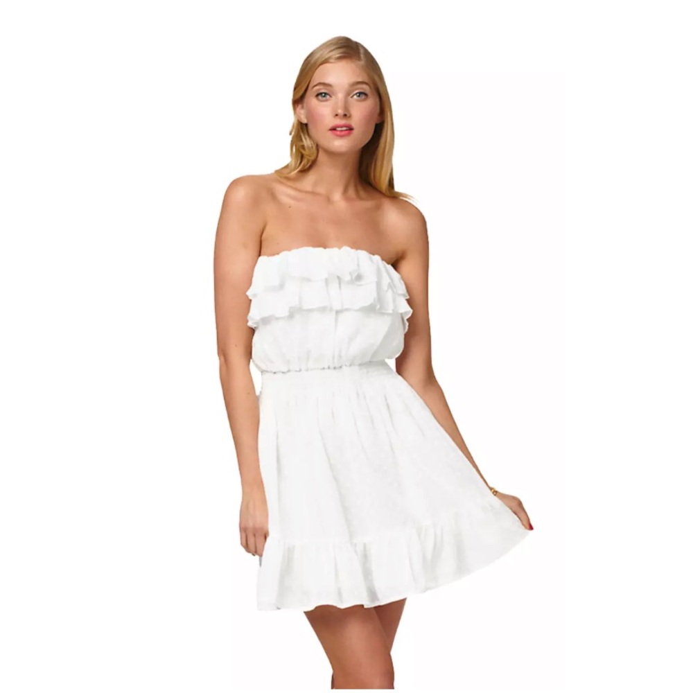 Lilly Pulitzer Quincy Resort White Swiss Dot Ruffle Strapless Smocked Dress